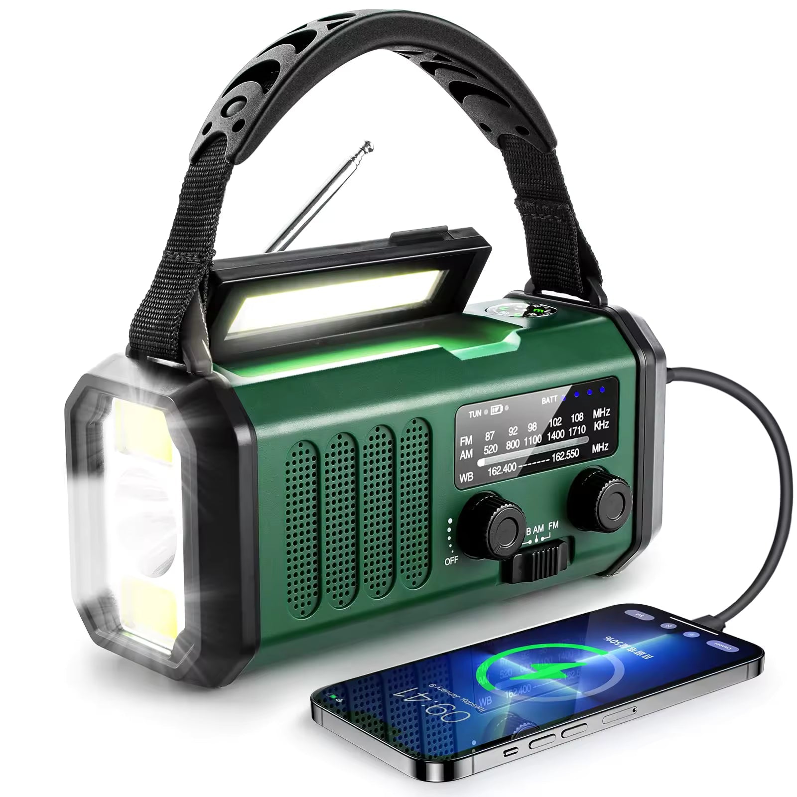 10,000mAh Emergency Weather Radio with Compass Solar, Hand Crank, USB Charging, AM/FM/NOAA Alerts, Flashlight, Reading Light, and Power Bank