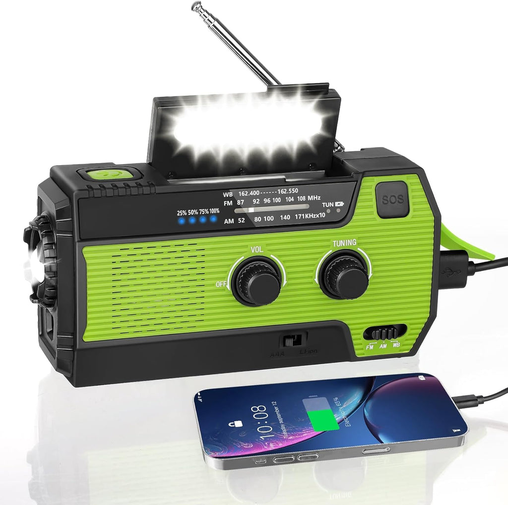 4000mAh Solar Hand Crank Emergency Weather Radio with AM/FM/NOAA, 3-Mode Flashlight, PIR Motion Sensor Reading Lamp, and Backup Power