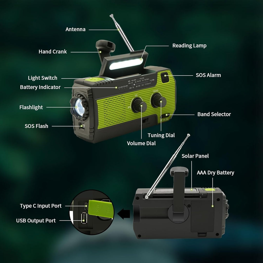 4000mAh Solar Hand Crank Emergency Weather Radio with AM/FM/NOAA, 3-Mode Flashlight, PIR Motion Sensor Reading Lamp, and Backup Power