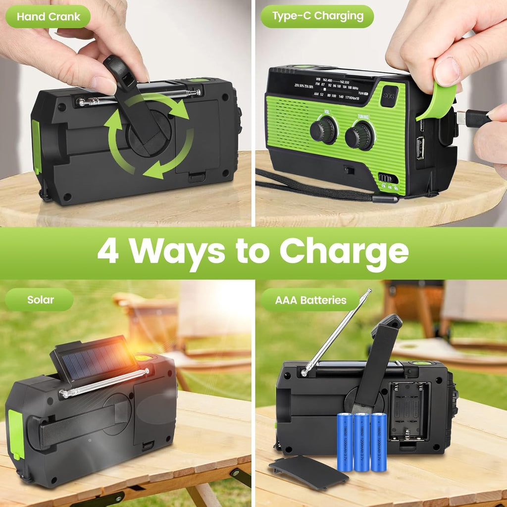4000mAh Solar Hand Crank Emergency Weather Radio with AM/FM/NOAA, 3-Mode Flashlight, PIR Motion Sensor Reading Lamp, and Backup Power