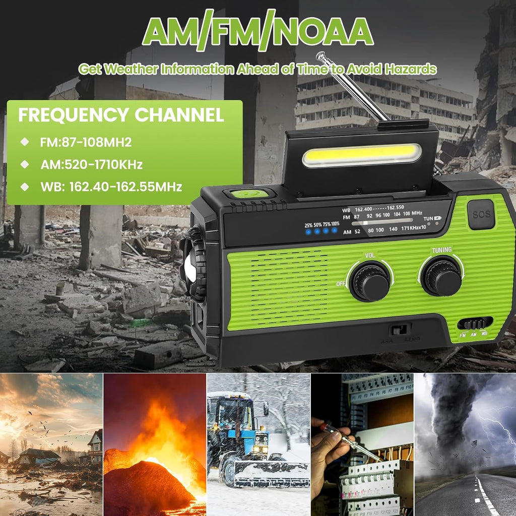 4000mAh Solar Hand Crank Emergency Weather Radio with AM/FM/NOAA, 3-Mode Flashlight, PIR Motion Sensor Reading Lamp, and Backup Power