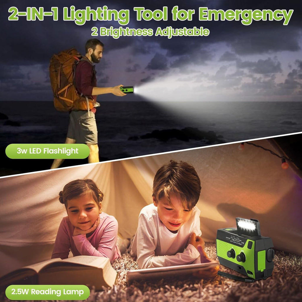 4000mAh Solar Hand Crank Emergency Weather Radio with AM/FM/NOAA, 3-Mode Flashlight, PIR Motion Sensor Reading Lamp, and Backup Power