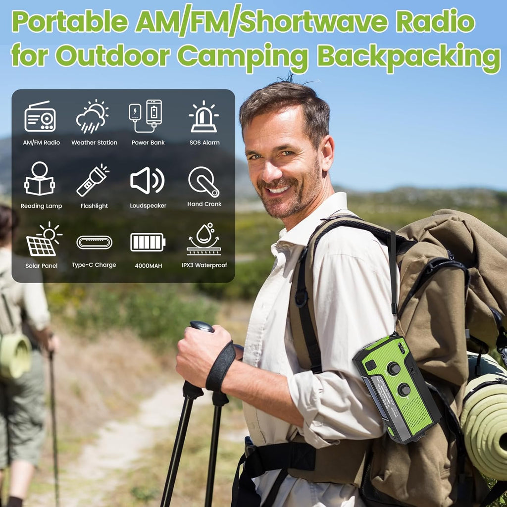 4000mAh Solar Hand Crank Emergency Weather Radio with AM/FM/NOAA, 3-Mode Flashlight, PIR Motion Sensor Reading Lamp, and Backup Power