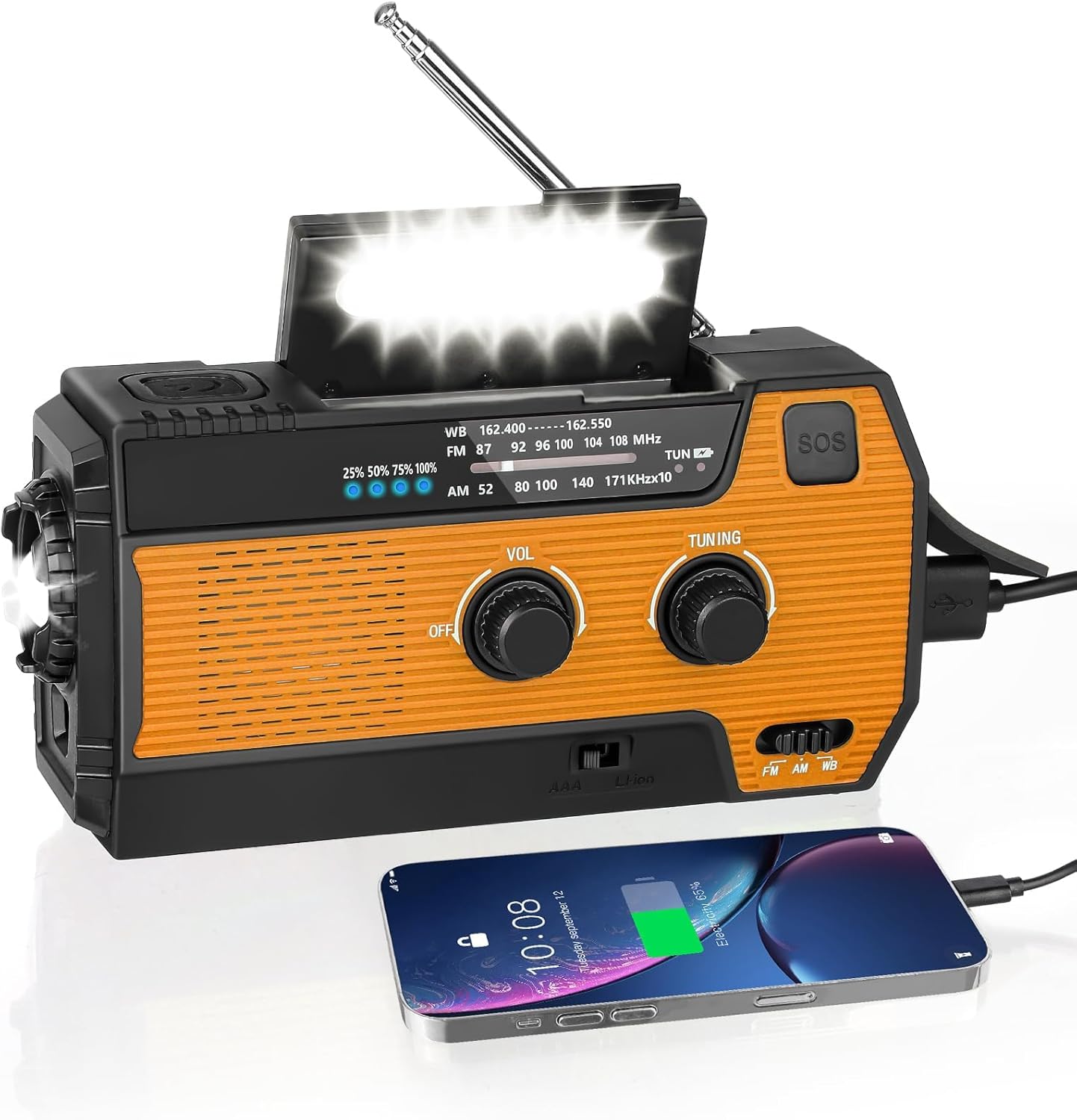 4000mAh Solar Hand Crank Emergency Weather Radio with AM/FM/NOAA, 3-Mode Flashlight, PIR Motion Sensor Reading Lamp, and Backup Power