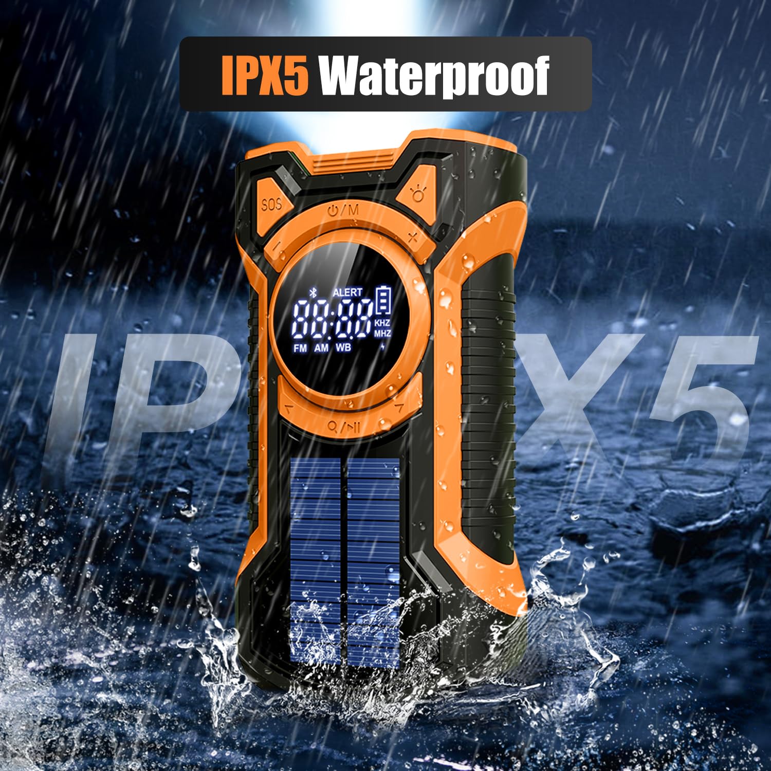 5000mAh IPX5 Emergency Solar Hand Crank Radio with Large Digital LED Display, Bluetooth Speaker, AM/FM/NOAA, USB Phone Charger, SOS Alarm, Reading Light, and Military-Grade Ruggedized Drop-Proof Housing