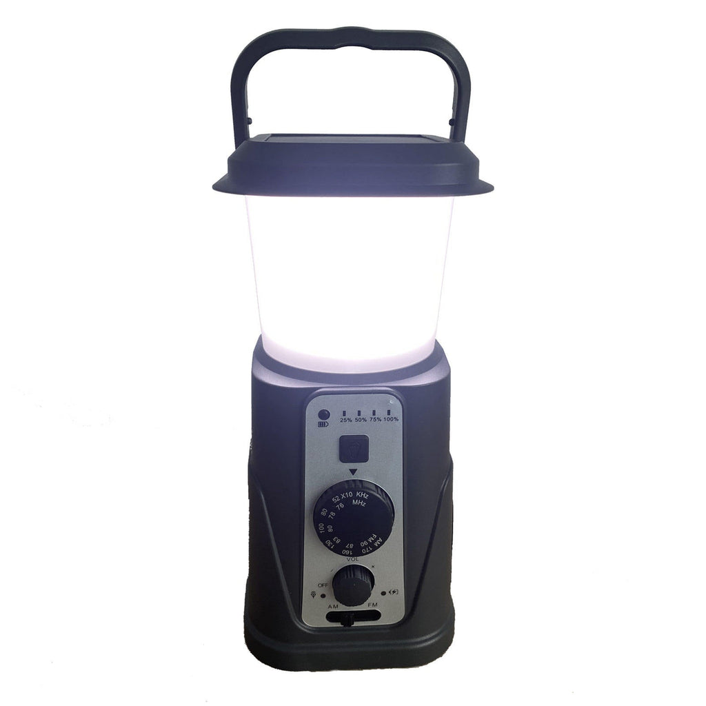 Solar Camping Lantern with AM/FM Radio, Phone Charger, Hand Crank, Hanging Light, SOS Alarm, and 5000mAh Power Bank, Rechargeable plus AAA Battery Backup