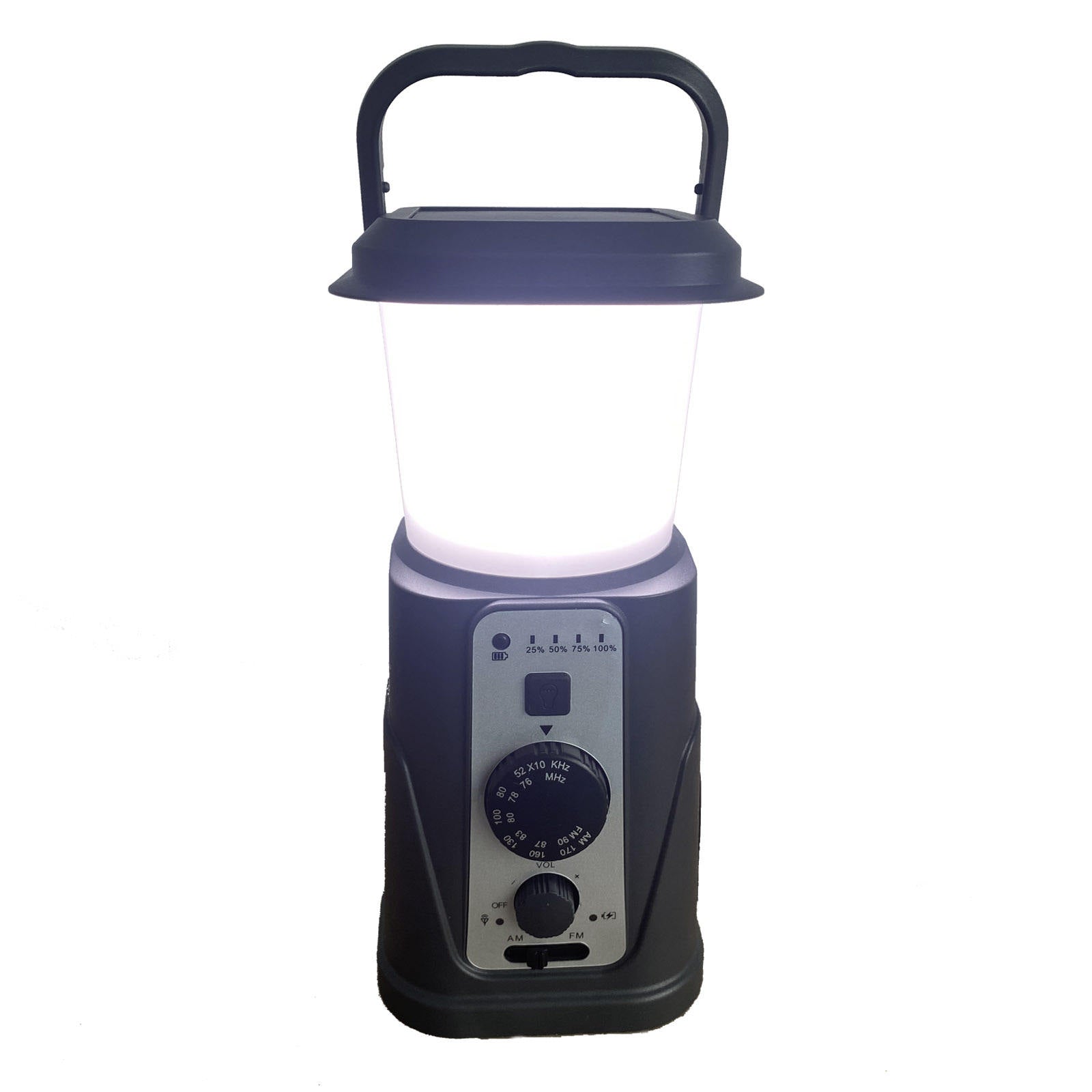 Solar Camping Lantern with AM/FM Radio, Phone Charger, Hand Crank, Hanging Light, SOS Alarm, and 5000mAh Power Bank, Rechargeable plus AAA Battery Backup