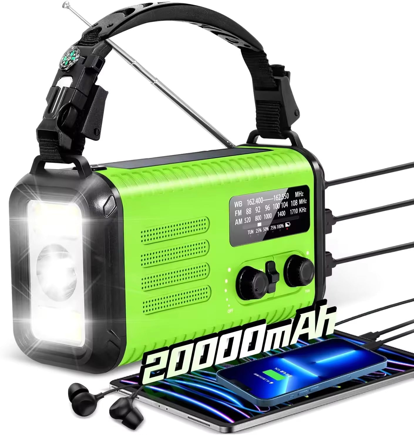 20,000mAh Survival Weather Radio with Solar, Hand Crank, NOAA AM/FM Dual Phone Charging, 120dB Alarm, Compass, Fire Starter, and Knife