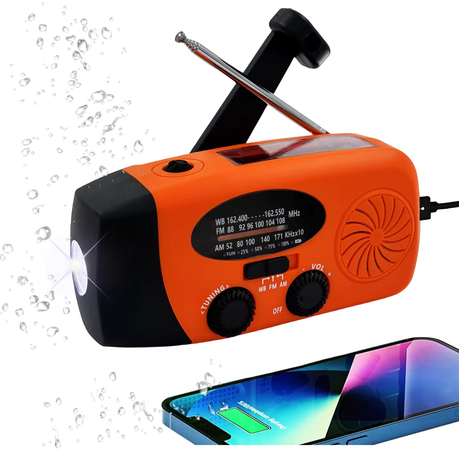 7-Band Emergency Weather AM/FM/WB Radio with NOAA Alerts, Flashlight, Phone Charger, Solar, USB, and Hand Crank Charging