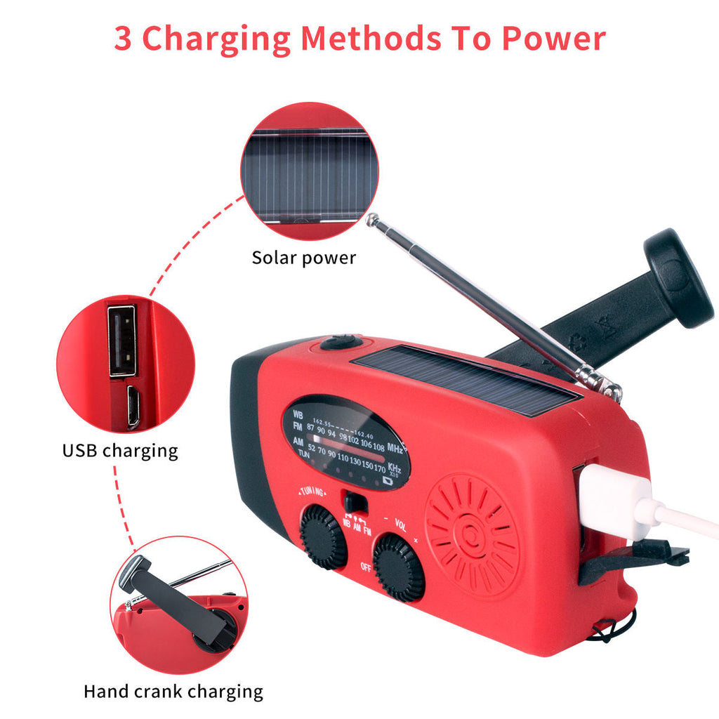 7-Band Emergency Weather AM/FM/WB Radio with NOAA Alerts, Flashlight, Phone Charger, Solar, USB, and Hand Crank Charging