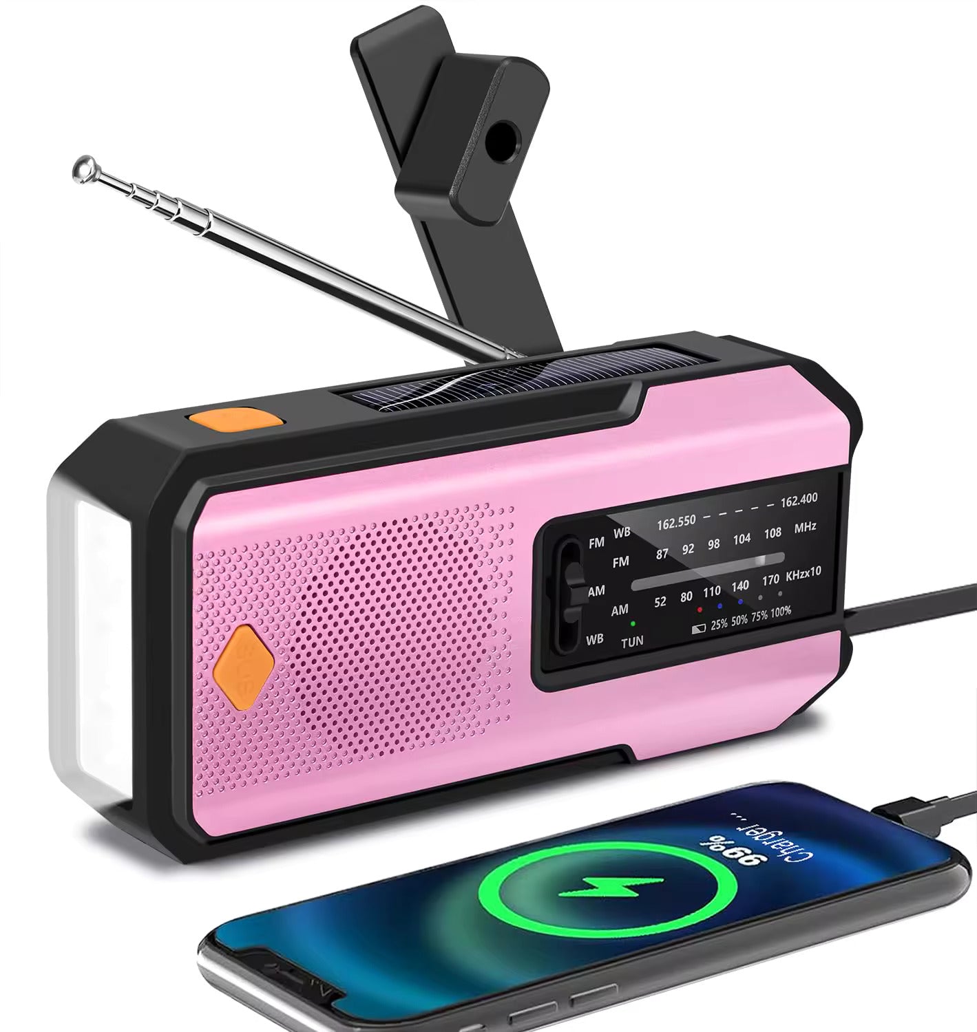 Compact Solar Emergency Weather Radio with 2000mAh Power Bank, AM/FM/NOAA, Front SOS Alarm Button, LED Flashlight, Cell Phone Charger, and Hand Crank