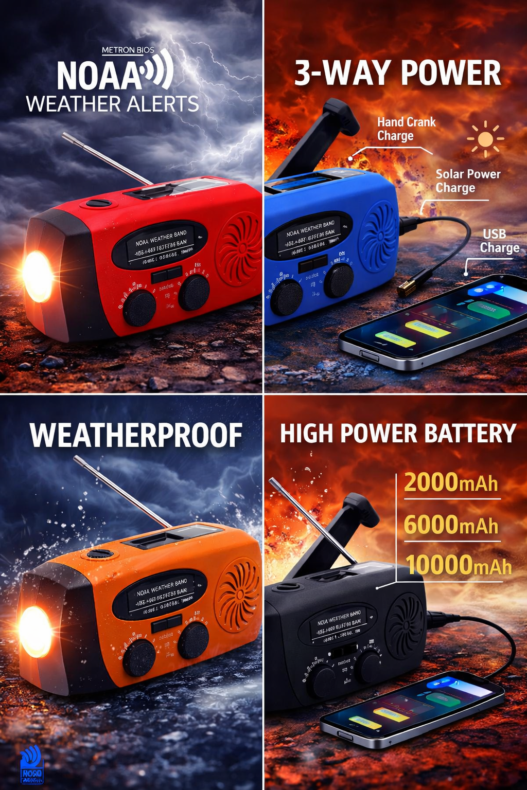 7-Band Emergency Weather AM/FM/WB Radio with NOAA Alerts, Flashlight, Phone Charger, Solar, USB, and Hand Crank Charging