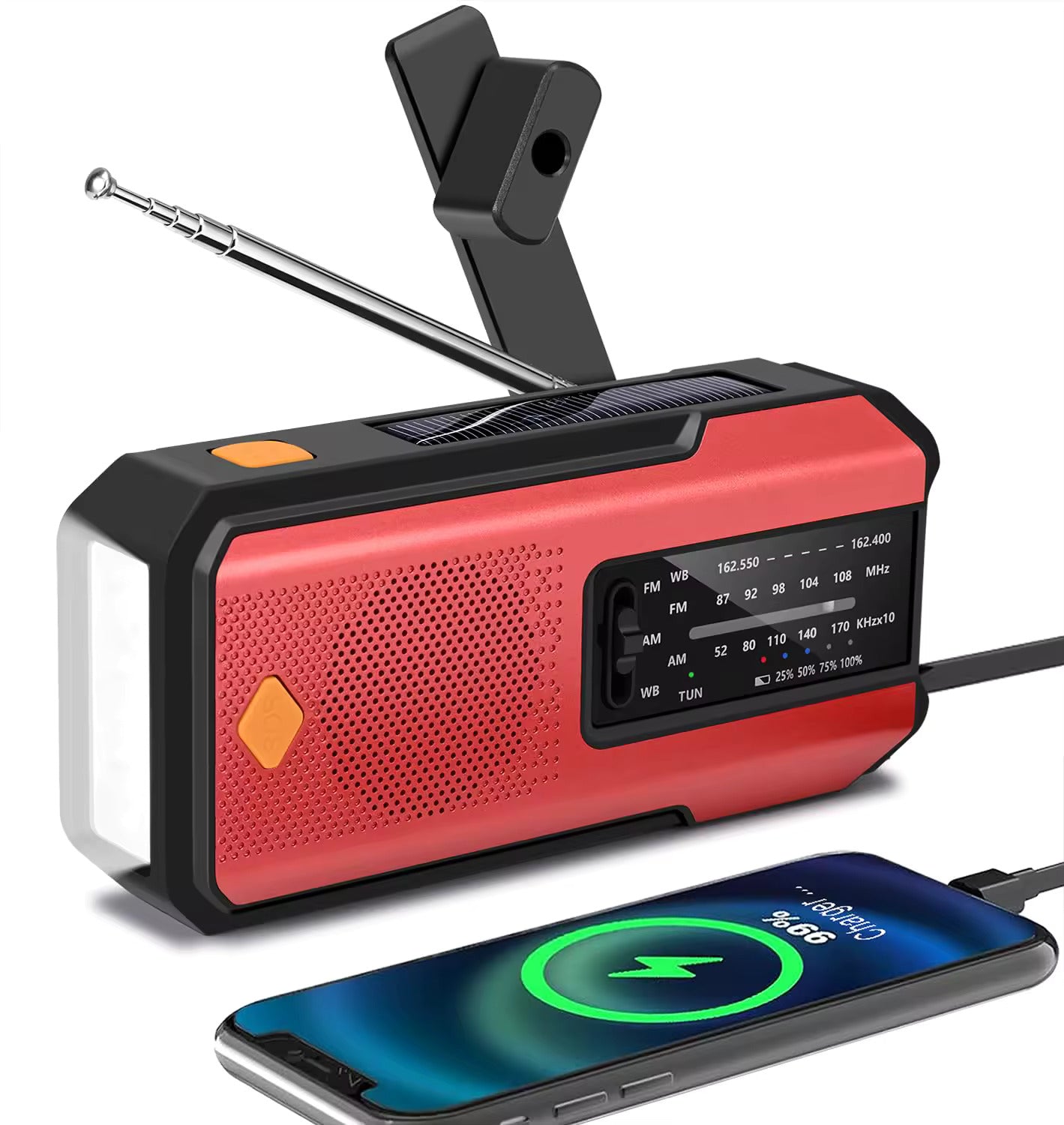 Compact Solar Emergency Weather Radio with 2000mAh Power Bank, AM/FM/NOAA, Front SOS Alarm Button, LED Flashlight, Cell Phone Charger, and Hand Crank
