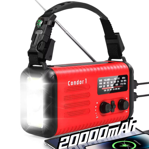 20,000mAh Survival Weather Radio with Solar, Hand Crank, NOAA AM/FM Dual Phone Charging, 120dB Alarm, Compass, Fire Starter, and Knife