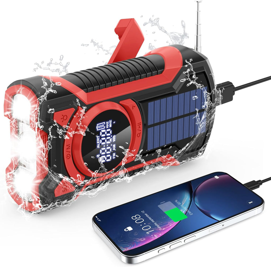 5000mAh IPX5 Emergency Solar Hand Crank Radio with Large Digital LED Display, Bluetooth Speaker, AM/FM/NOAA, USB Phone Charger, SOS Alarm, Reading Light, and Military-Grade Ruggedized Drop-Proof Housing
