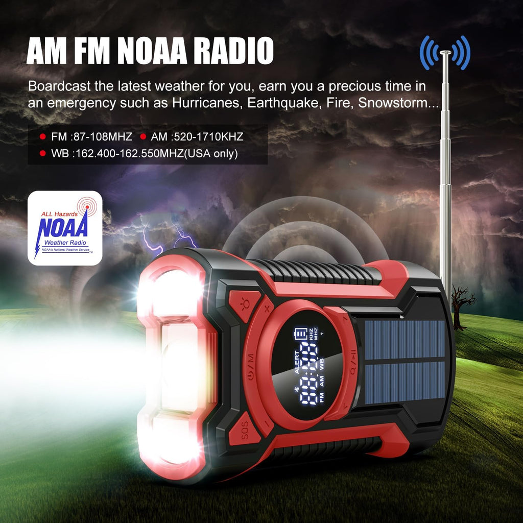 5000mAh IPX5 Emergency Solar Hand Crank Radio with Large Digital LED Display, Bluetooth Speaker, AM/FM/NOAA, USB Phone Charger, SOS Alarm, Reading Light, and Military-Grade Ruggedized Drop-Proof Housing