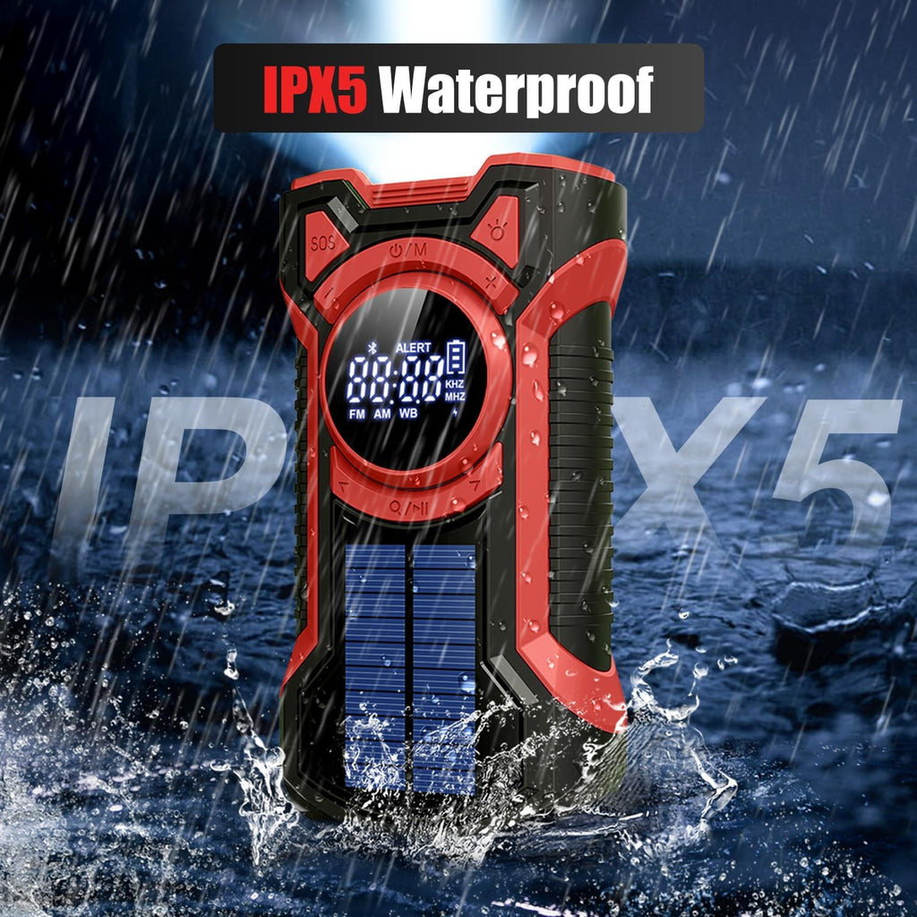 5000mAh IPX5 Emergency Solar Hand Crank Radio with Large Digital LED Display, Bluetooth Speaker, AM/FM/NOAA, USB Phone Charger, SOS Alarm, Reading Light, and Military-Grade Ruggedized Drop-Proof Housing