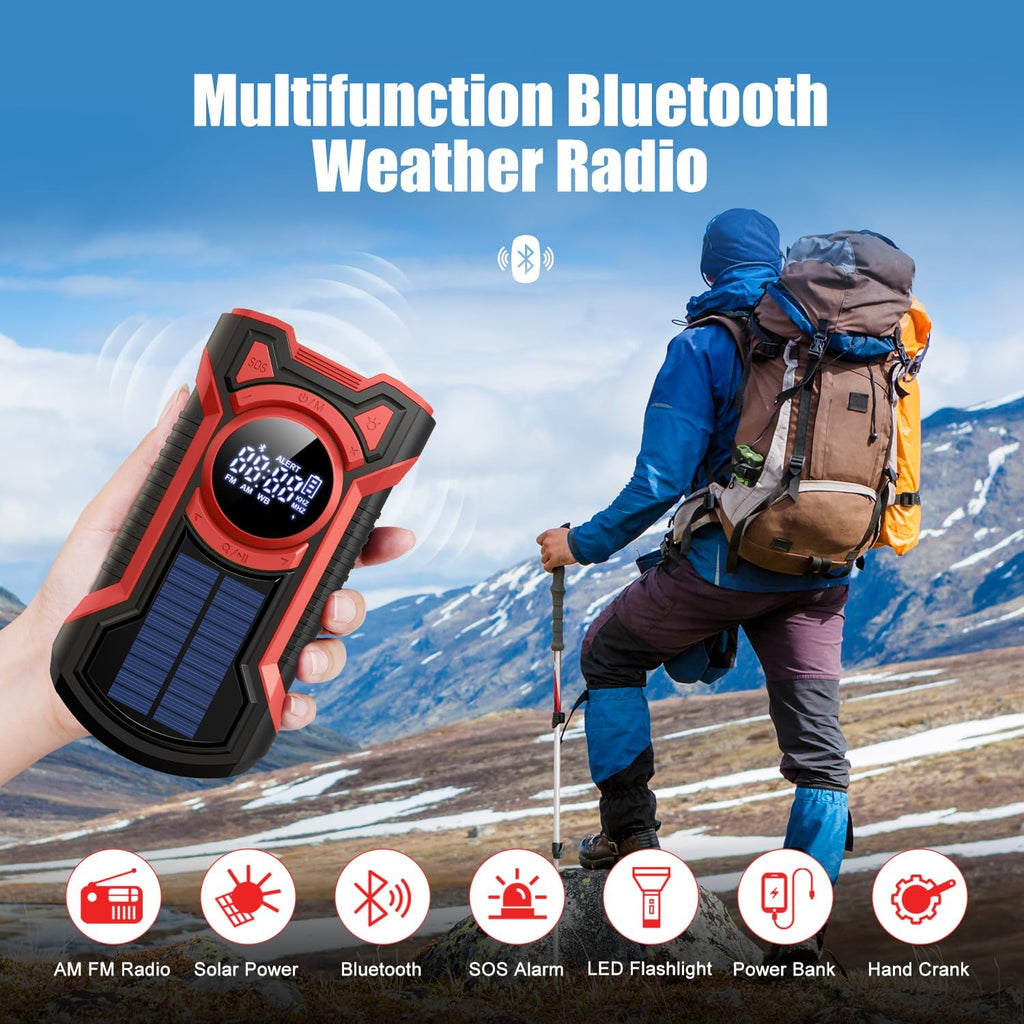 5000mAh IPX5 Emergency Solar Hand Crank Radio with Large Digital LED Display, Bluetooth Speaker, AM/FM/NOAA, USB Phone Charger, SOS Alarm, Reading Light, and Military-Grade Ruggedized Drop-Proof Housing