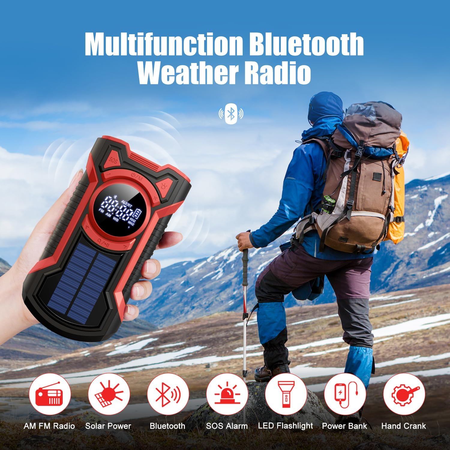 5000mAh IPX5 Emergency Solar Hand Crank Radio with Large Digital LED Display, Bluetooth Speaker, AM/FM/NOAA, USB Phone Charger, SOS Alarm, Reading Light, and Military-Grade Ruggedized Drop-Proof Housing