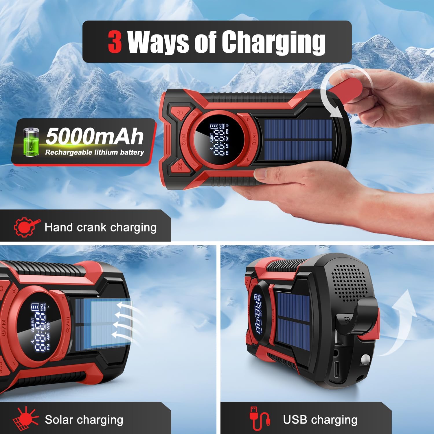 5000mAh IPX5 Emergency Solar Hand Crank Radio with Large Digital LED Display, Bluetooth Speaker, AM/FM/NOAA, USB Phone Charger, SOS Alarm, Reading Light, and Military-Grade Ruggedized Drop-Proof Housing