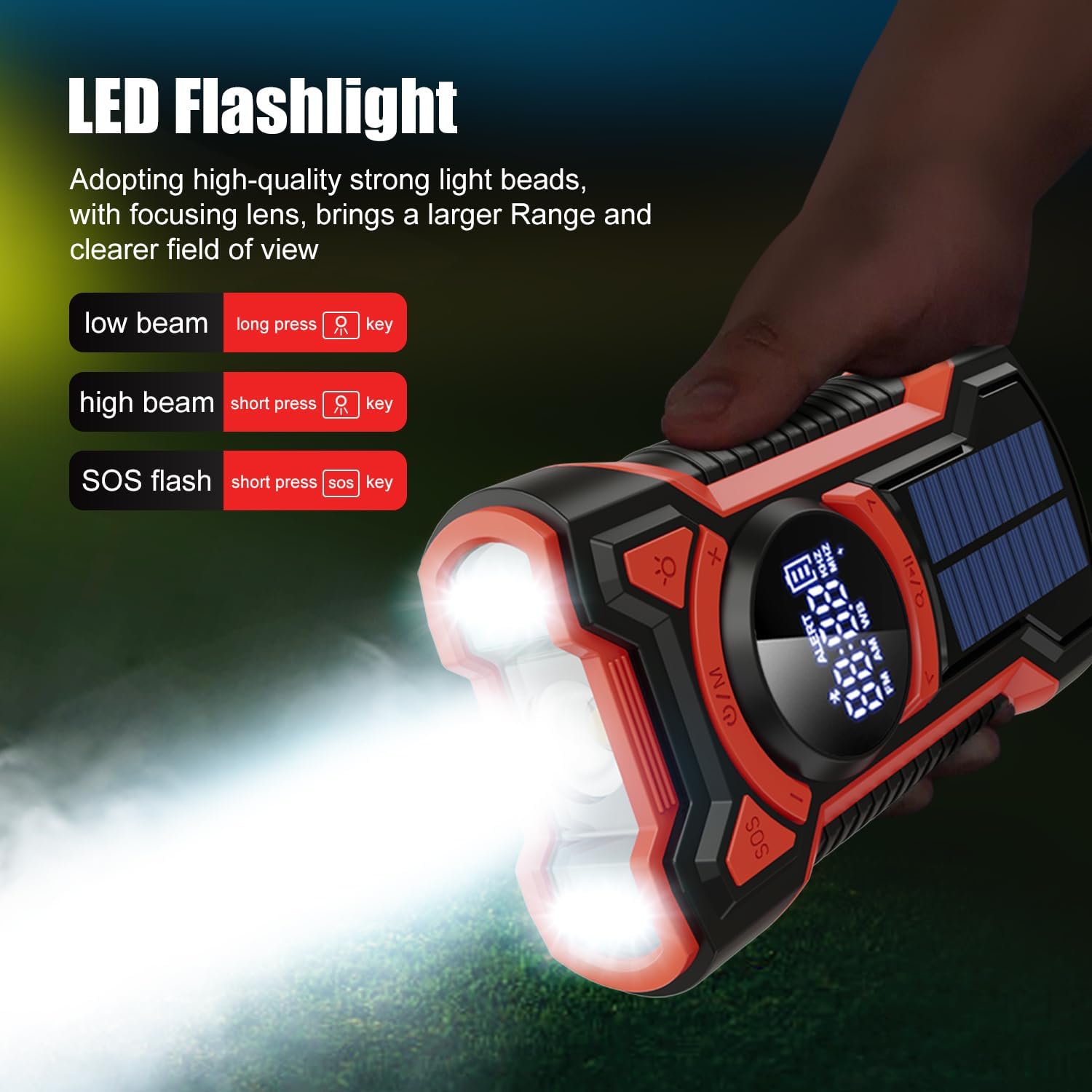 5000mAh IPX5 Emergency Solar Hand Crank Radio with Large Digital LED Display, Bluetooth Speaker, AM/FM/NOAA, USB Phone Charger, SOS Alarm, Reading Light, and Military-Grade Ruggedized Drop-Proof Housing