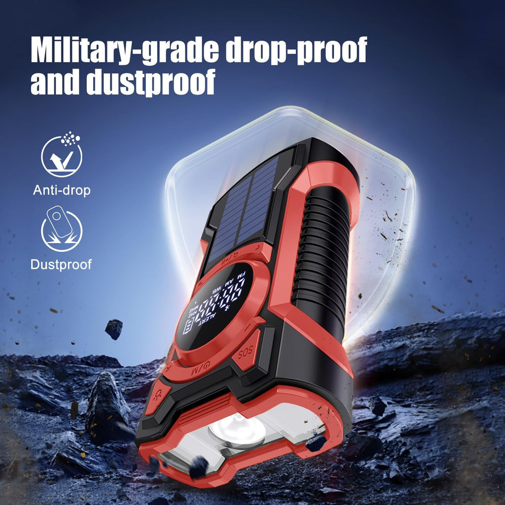 5000mAh IPX5 Emergency Solar Hand Crank Radio with Large Digital LED Display, Bluetooth Speaker, AM/FM/NOAA, USB Phone Charger, SOS Alarm, Reading Light, and Military-Grade Ruggedized Drop-Proof Housing