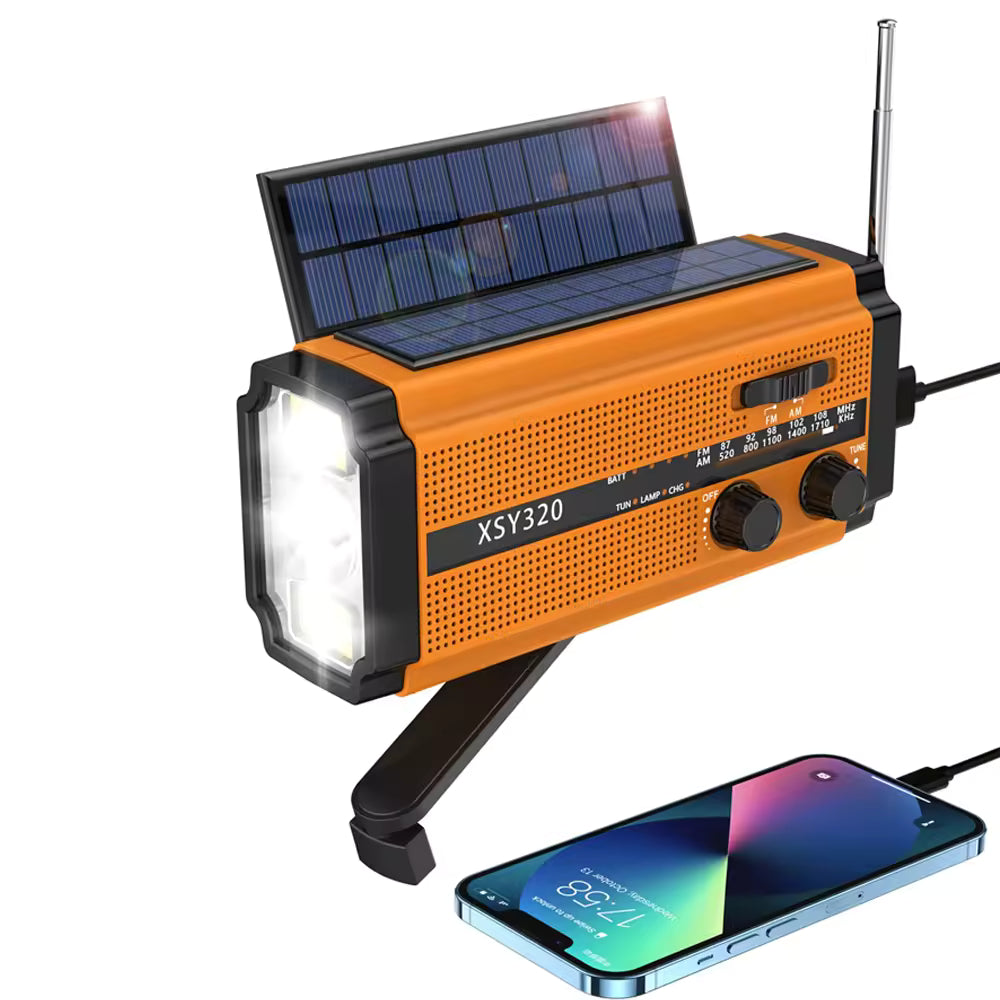Dual Solar Panel Emergency Weather Radio with 5000mAh Power Bank, NOAA, AM/FM, Flashlight, Reading Light, SOS Alarm, and Hand Crank Charging