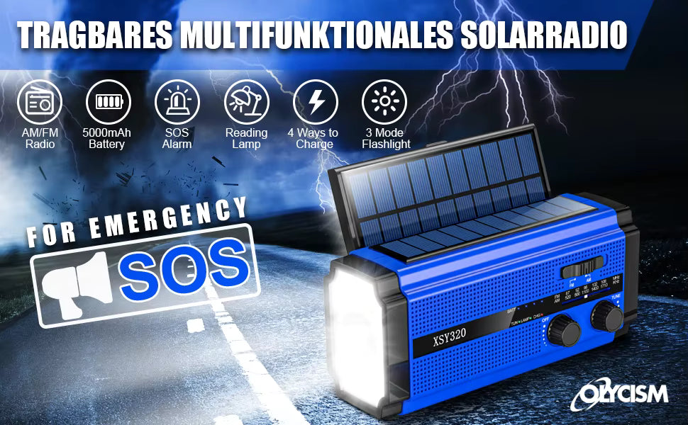 Dual Solar Panel Emergency Weather Radio with 5000mAh Power Bank, NOAA, AM/FM, Flashlight, Reading Light, SOS Alarm, and Hand Crank Charging