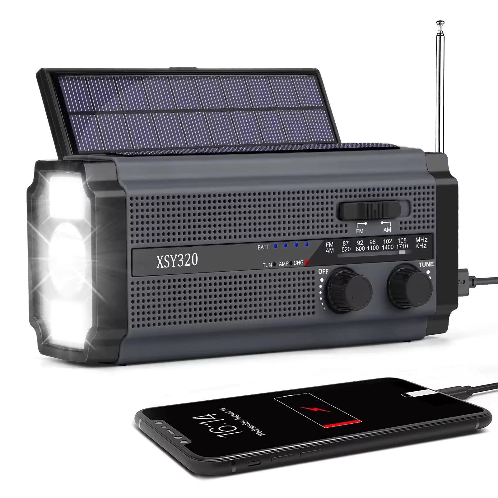 Dual Solar Panel Emergency Weather Radio with 5000mAh Power Bank, NOAA, AM/FM, Flashlight, Reading Light, SOS Alarm, and Hand Crank Charging