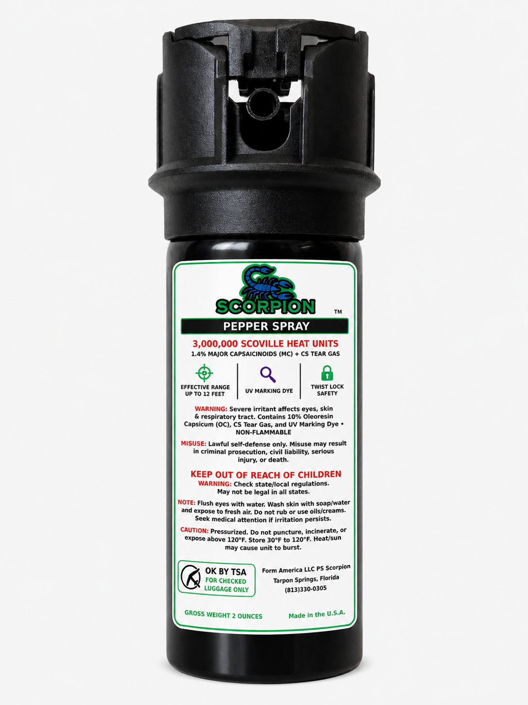 2OZ Scorpion Pepper Spray™ with OC + CS Tear Gas — OC + Tear Gas, Belt Clip
