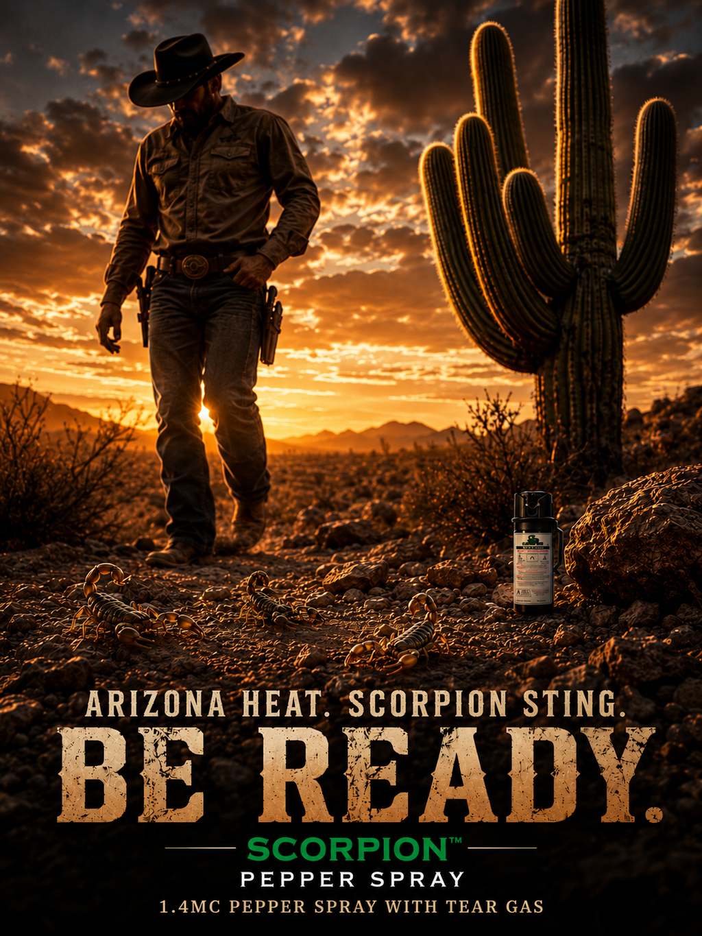 Scorpion Pepper Spray™ with OC + CS Tear Gas, 1.4 MC, Belt Clip, 2oz CarryMax™ Size, 20 Foot Range