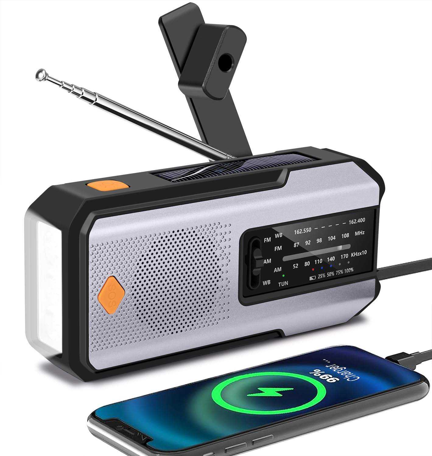 Compact Solar Emergency Weather Radio with 2000mAh Power Bank, AM/FM/NOAA, Front SOS Alarm Button, LED Flashlight, Cell Phone Charger, and Hand Crank