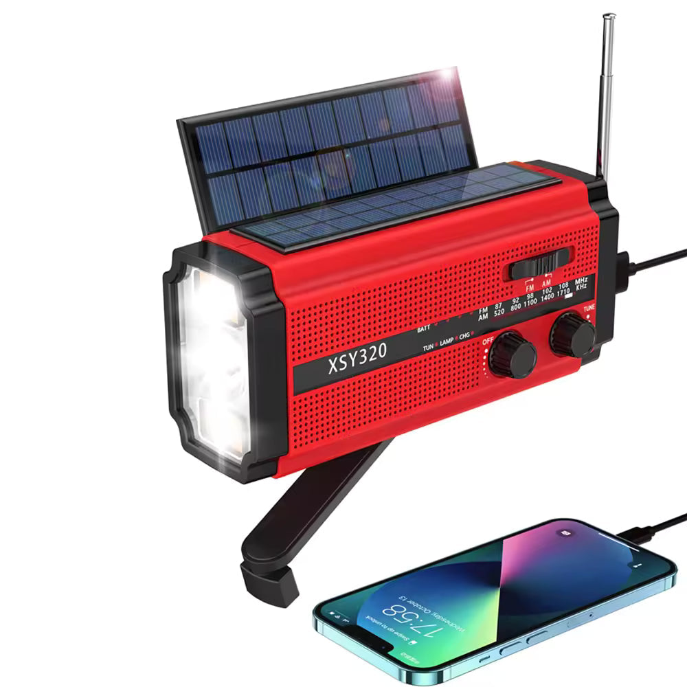 Dual Solar Panel Emergency Weather Radio with 5000mAh Power Bank, NOAA, AM/FM, Flashlight, Reading Light, SOS Alarm, and Hand Crank Charging