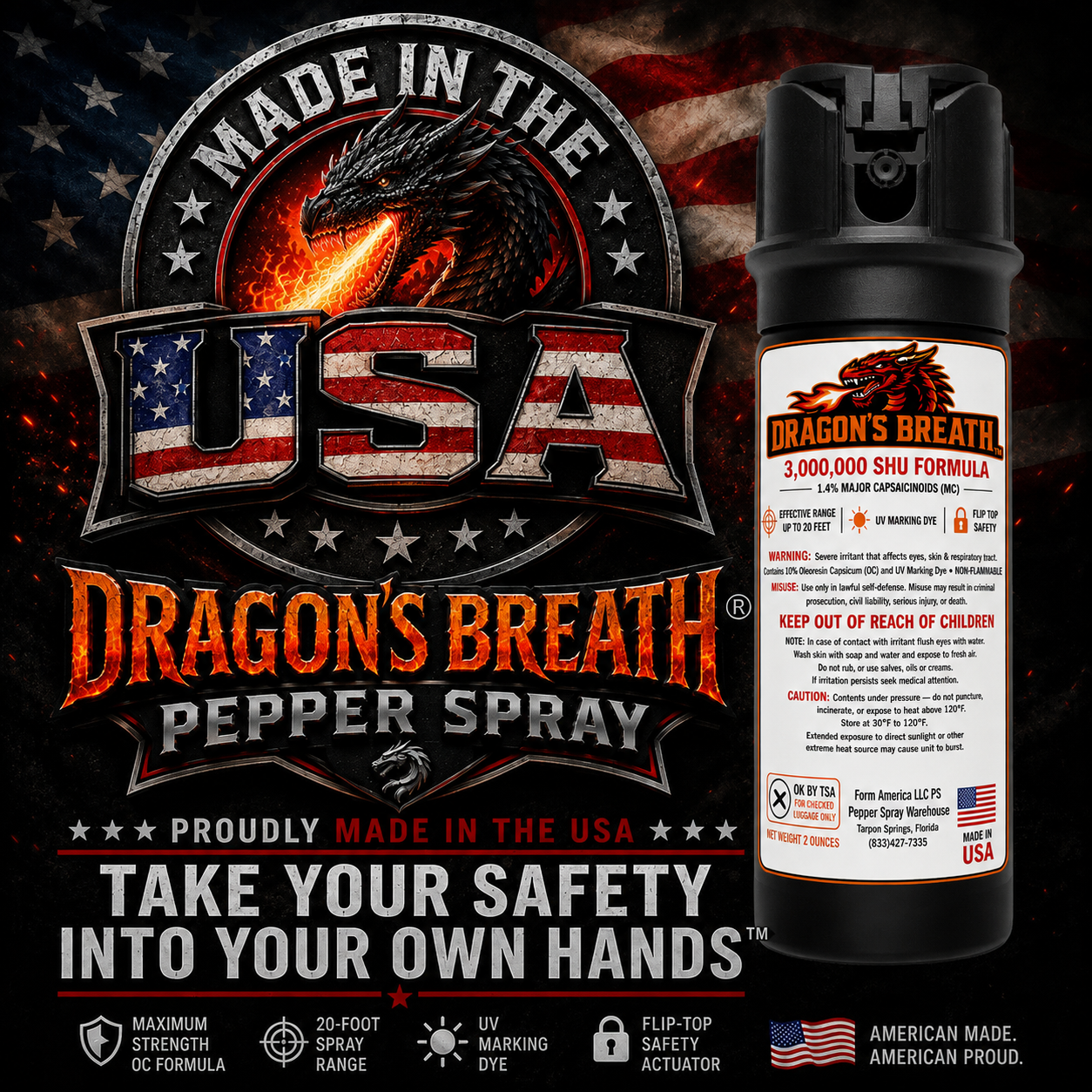 2OZ Dragon's Breath Pepper Spray™  with 1.4 MC, 2oz CarryMax™ Size, 20 Foot Range